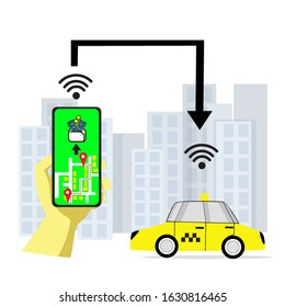 Mobile taxi order. Flat vector illustration for taxi service application, navigation, hand with smartphone, making order and paying online