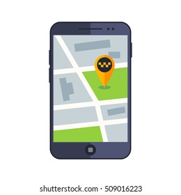Mobile Taxi service app map. Flat mobile phone with label on the map, gps navigation. Application for taxi online.