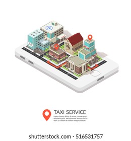 Mobile taxi service isometric design with city buildings standing at smartphone and map pointers vector illustration