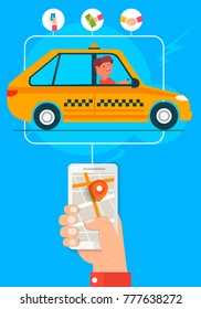Mobile taxi. Transport service. Hand with the phone ordering a taxi through the mobile application. Vector colorful illustration in a flat style image. Urban taxi design is flat.