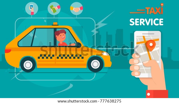 Mobile taxi.\
Transport service. Hand with the phone ordering a taxi through the\
mobile application. Vector colorful illustration in a flat style\
image. Urban taxi design is\
flat.