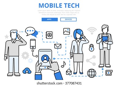 Mobile tech communication epoch technology social media sharing concept flat line art vector icons. Modern website infographics illustration hero image web banner printed material. Lineart collection.