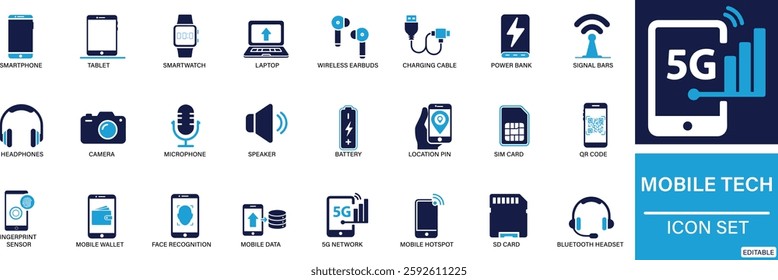 Mobile Tech icon set Smartphone, Tablet, Smartwatch, Laptop, Wireless Earbuds, Charging Cable, Power Bank You can easily change the color.