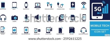 Mobile Tech icon set Smartphone, Tablet, Smartwatch, Laptop, Wireless Earbuds, Charging Cable, Power Bank You can easily change the color.