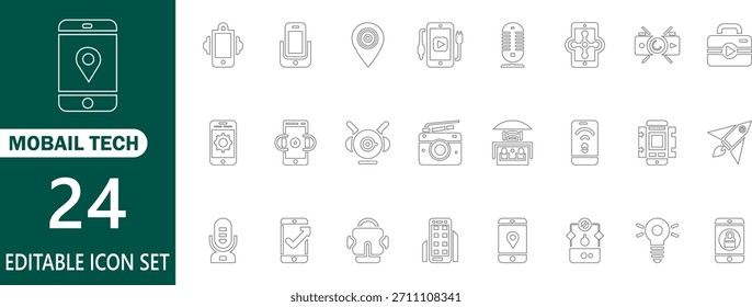 Iconos de trazo de tecnología móvil que muestran teléfonos inteligentes, App, conectividad inalámbrica, sincronización en la nube, seguridad del dispositivo, herramientas de interfaz de usuario y comunicación digital moderna.