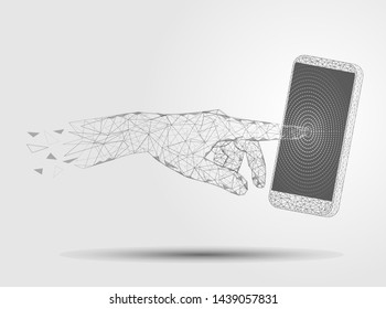 Mobile tech vector poster banner template. Human hand index finger touching mobile phone screen, low poly wireframe mesh. Mobile communication technology concept polygonal art style illustration.
