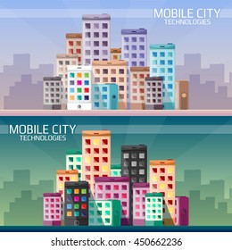 Mobile technologies in the city horizontal banners set