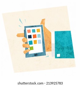 Mobile Technologies Concept Design. Mobile Phone with App Icons and Hand. Flat Style Vector Illustration.