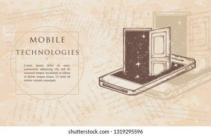 Mobile technologies. Open door and mobile phone. Internet Security VPN. Protection of anonymity in network. Renaissance background. Medieval manuscript, engraving art 