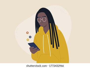 Mobile technologies, young black female character scrolling social media newsfeed on their smartphone, generation z lifestyle