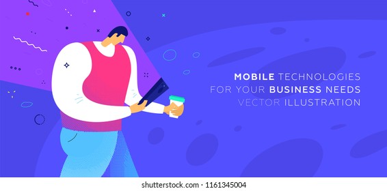 Mobile technology concept illustration, people with coffee and phone for business presentations, covers and posters. Eps10 vector