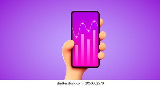 Concepto de tecnología móvil. Análisis de gráficos de tendencias de mercado en smartphone. Mano sostiene el teléfono. Infografía y estadísticas en pantalla. Plantilla de página de inicio