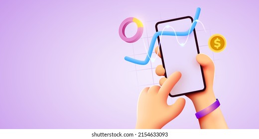 Mobile technology concept. Market trend graphs analysis on smartphone. Hand holds phone. Infographic and statistics on screen. Landing page template