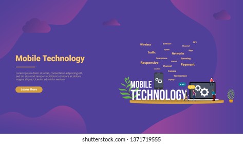 mobile technology concept with smartphone and laptop with team people for website template landing homepage banner - vector illustration