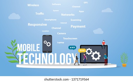 mobile technology concept with smartphone and laptop with team people with gear icon - vector illustration