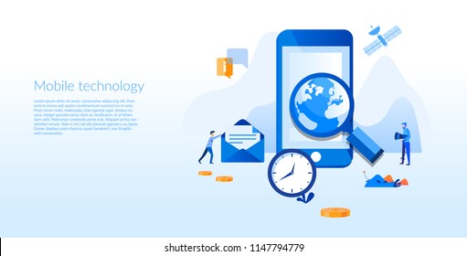 Mobile technology Concept for web page, banner, presentation, social media, documents, cards, posters. Vector illustration, application development, Smartphone interface building process, mobile app 