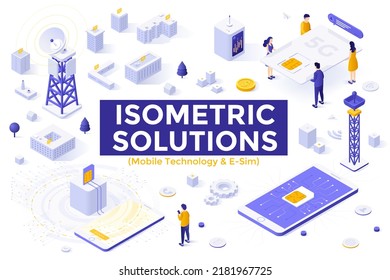 Mobile technology and e-sim set - people using e-SIM or embedded universal integrated circuit card technology. Bundle of isometric design elements isolated on white background. Vector illustration.