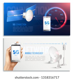 Mobile technology horizontal banners with realistic icons illustrated broadband internet connection of 5g standard vector illustration