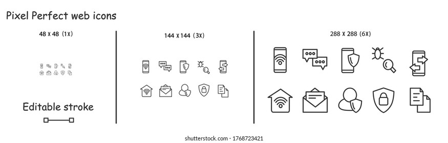 Mobile technology icons set. Concept line pictograms for wireless connection security audit and user data protection. Safe data transfer 48, 144,288 pixel perfect editable stroke vector illustrations