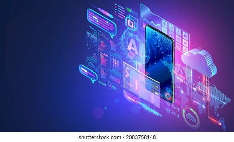 Mobile technology isometric concept. Phone communication with internet services all over world. AI, big data, cloud computing, neural networks in smartphone.  Phone app development. Digital technology