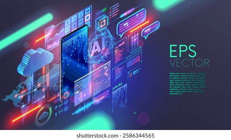Mobile technology isometric concept. Phone communication with internet services all over world. AI, big data, cloud computing, neural networks in smartphone. Phone app development. Digital technology