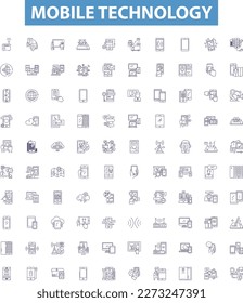 Mobile technology line icons, signs set. Smartphone, Apps, Network, Wireless, GPS, Bluetooth, LTE, 4G, 5G outline vector illustrations.