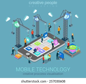 Mobile technology operating system creative process visualization flat 3d web isometric infographic concept vector template. Cranes placing building blocks mobile app icons to smartphone.