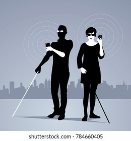 Mobile Technology For People With Visual Impairments. Couple Of Blind People Using Smartphones With Adapted Technology