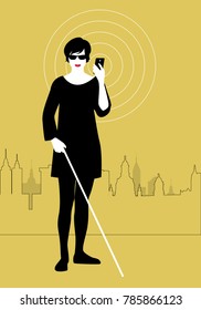 Mobile Technology for People with Visual Impairments. Blind woman using smartphone with adapted technology
