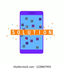 Mobile technology solution concept illustration. Solution in mobile app development technology, solving problem. Vector flat illustration of mobile phone.