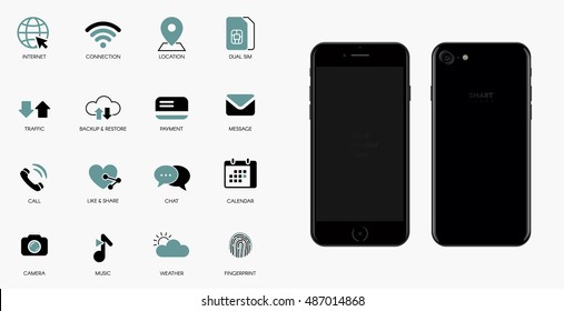 Mobile technology vector icons set. Smartphone iphon style front and back view illustration. svg
