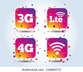 Mobile telecommunications icons. 3G, 4G and LTE technology symbols. Wi-fi Wireless and Long-Term evolution signs. Colour gradient square buttons. Flat design concept. Vector