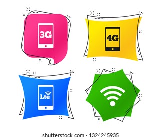 Mobile telecommunications icons. 3G, 4G and LTE technology symbols. Wi-fi Wireless and Long-Term evolution signs. Geometric colorful tags. Banners with flat icons. Trendy design. Vector