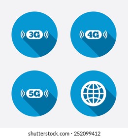 Mobile telecommunications icons. 3G, 4G and 5G technology symbols. World globe sign. Circle concept web buttons. Vector