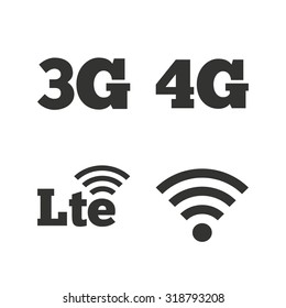 Mobile telecommunications icons. 3G, 4G and LTE technology symbols. Wi-fi Wireless and Long-Term evolution signs. Flat icons on white. Vector