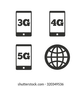 Mobile telecommunications icons. 3G, 4G and 5G technology symbols. World globe sign. Flat icons on white. Vector