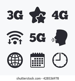 Mobile telecommunications icons. 3G, 4G and 5G technology symbols. World globe sign. Wifi internet, favorite stars, calendar and clock. Talking head. Vector