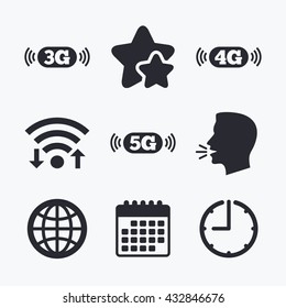 Mobile telecommunications icons. 3G, 4G and 5G technology symbols. World globe sign. Wifi internet, favorite stars, calendar and clock. Talking head. Vector