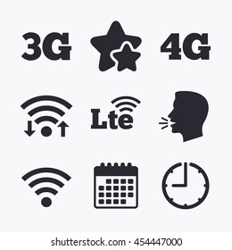 Mobile telecommunications icons. 3G, 4G and LTE technology symbols. Wi-fi Wireless and Long-Term evolution signs. Wifi internet, favorite stars, calendar and clock. Talking head. Vector