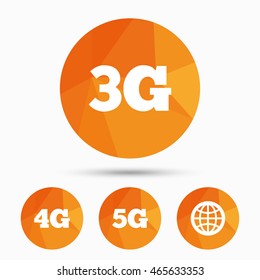 Mobile telecommunications icons. 3G, 4G and 5G technology symbols. World globe sign. Triangular low poly buttons with shadow. Vector