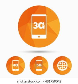 Mobile telecommunications icons. 3G, 4G and 5G technology symbols. World globe sign. Triangular low poly buttons with shadow. Vector