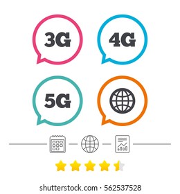 Mobile telecommunications icons. 3G, 4G and 5G technology symbols. World globe sign. Calendar, internet globe and report linear icons. Star vote ranking. Vector