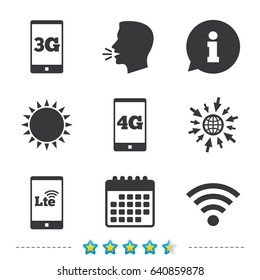 Mobile telecommunications icons. 3G, 4G and LTE technology symbols. Wi-fi Wireless and Long-Term evolution signs. Information, go to web and calendar icons. Sun and loud speak symbol. Vector