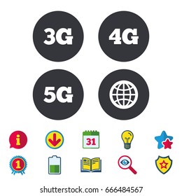 Mobile telecommunications icons. 3G, 4G and 5G technology symbols. World globe sign. Calendar, Information and Download signs. Stars, Award and Book icons. Light bulb, Shield and Search. Vector