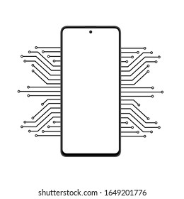 Mobile telecommunications technology symbol concept. Mobile phone with circuit board pattern on white background. 