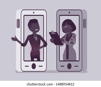 Mobile telemedicine smartphone application, female doctor. Useful mobile device tool for managing healthcare service, patient remote professional consultation. Vector illustration, faceless characters