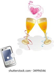 Mobile telephone and glasses. Romantic composition. Vector