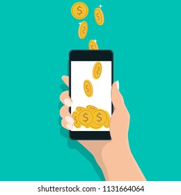Mobile telephone with gold coin pile.Dollar coin in phone, online payment concept, save money online concept, Vector illustration 