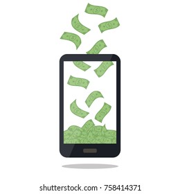 Mobile telephone with money pile isolated on white background. Cash banknotes heap, falling dollars. Commercial banking, finance concept in flat style