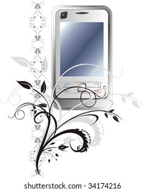 Mobile telephone and ornament. Abstract composition. Vector